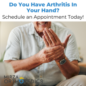 Man sitting, massaging his hand, with text promoting arthritis appointment scheduling.