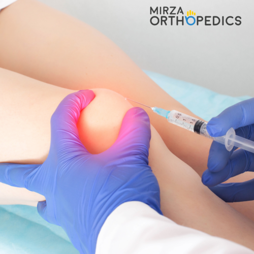 A healthcare professional in blue gloves administers a cortisone injection into a patient's knee, with a glowing effect highlighting the area. This specialized procedure, offered in Patchogue, provides targeted relief and expertise for those seeking pain management solutions.