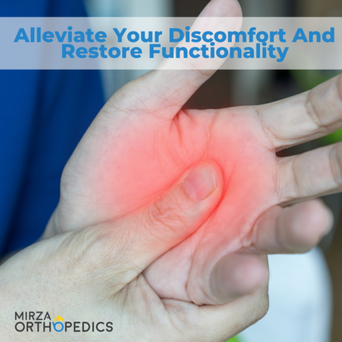 A person holding their hand, with a red glow indicating pain or discomfort. Text overlay reads: "Alleviate Your Discomfort and Restore Functionality." Trust the expertise of Suffolk County Orthopedic Surgeons at Mirza Orthopedics.
