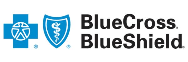 Blue Cross Blue Shield logo featuring a blue cross with a human figure and a blue shield with a serpent staff, alongside the words "BlueCross BlueShield.