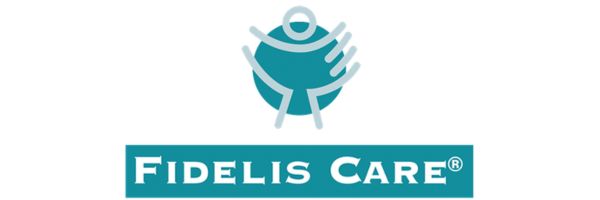 Fidelis Care logo featuring a stylized human figure with outstretched arms above the company name in bold white text on a teal background.