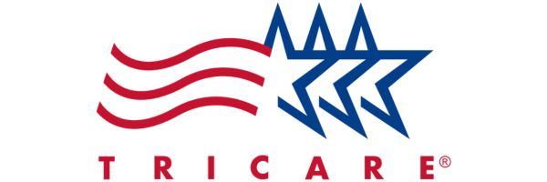 TRICARE logo featuring three blue outlined stars with three red stripes to the left and the word "TRICARE" below.